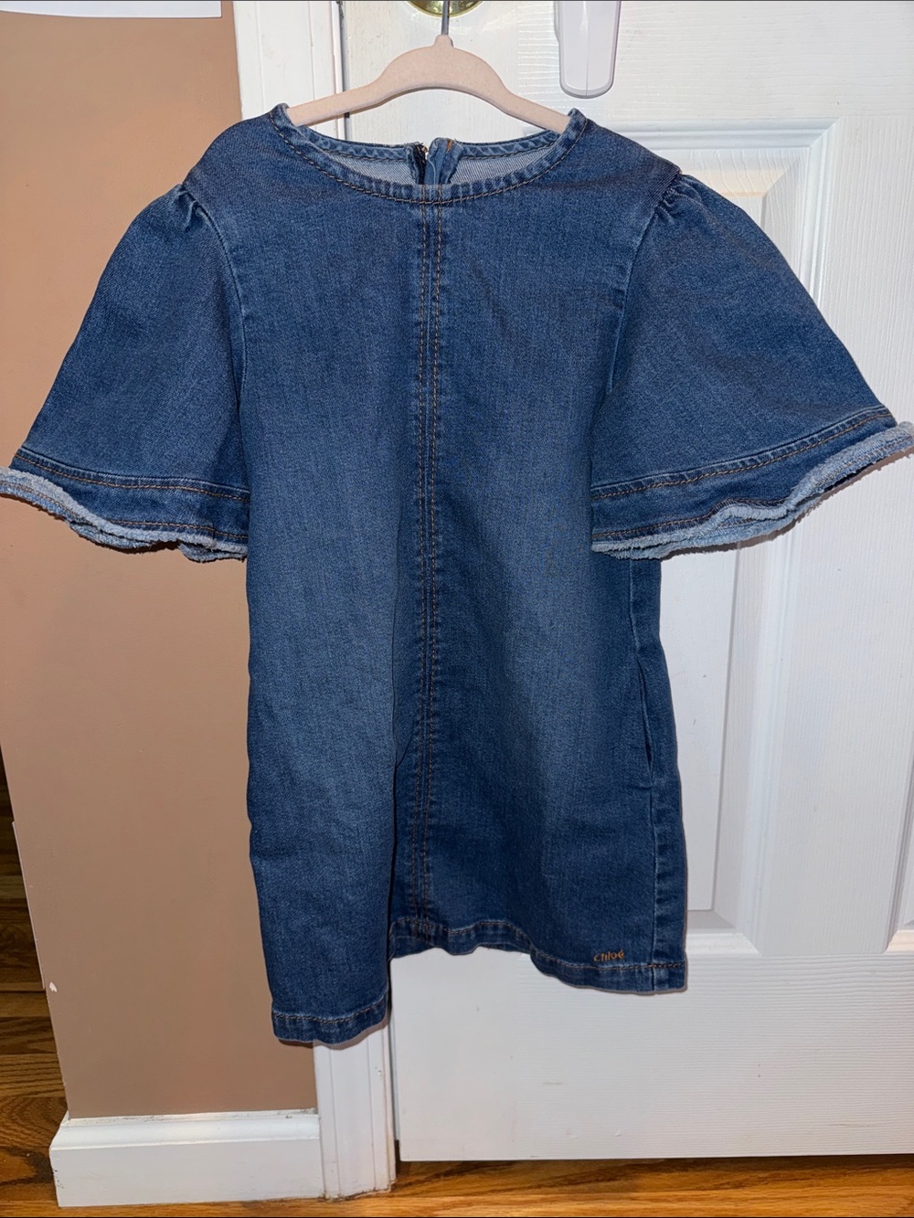 Chloe Denim Dress in Blue with Flutter Sleeves